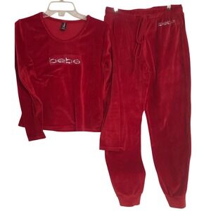 Bebe Red Velour Tracksuit Set Rhinestone Logo Long Sleeve Pants Medium‎